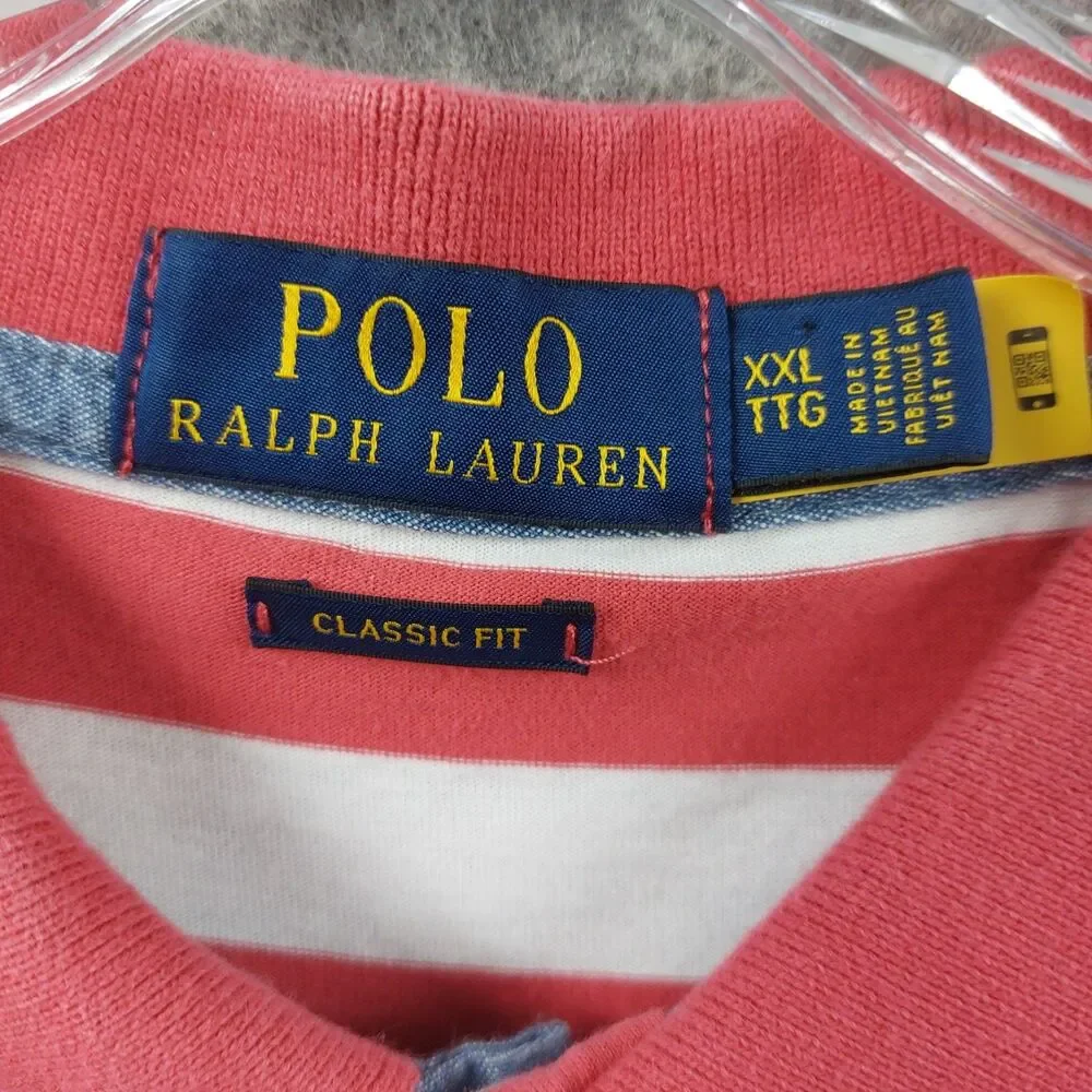 Polo Ralph Lauren Classic Fit Polo Shirt XXL Pink White Stripe Pony Logo Cotton